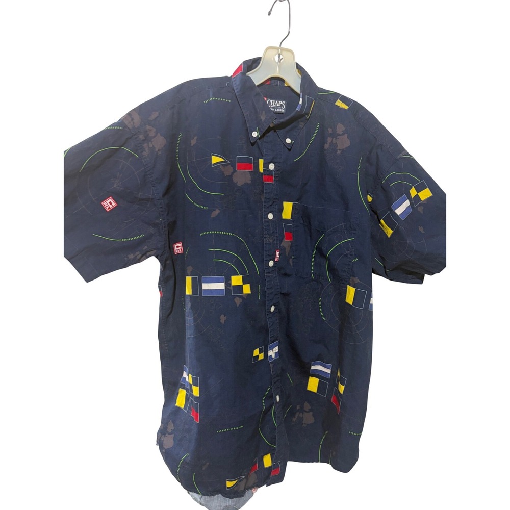 Chaps‎ Ralph Lauren Mens Large Navy Blue Nautical Signal Flag Radar Shirt L